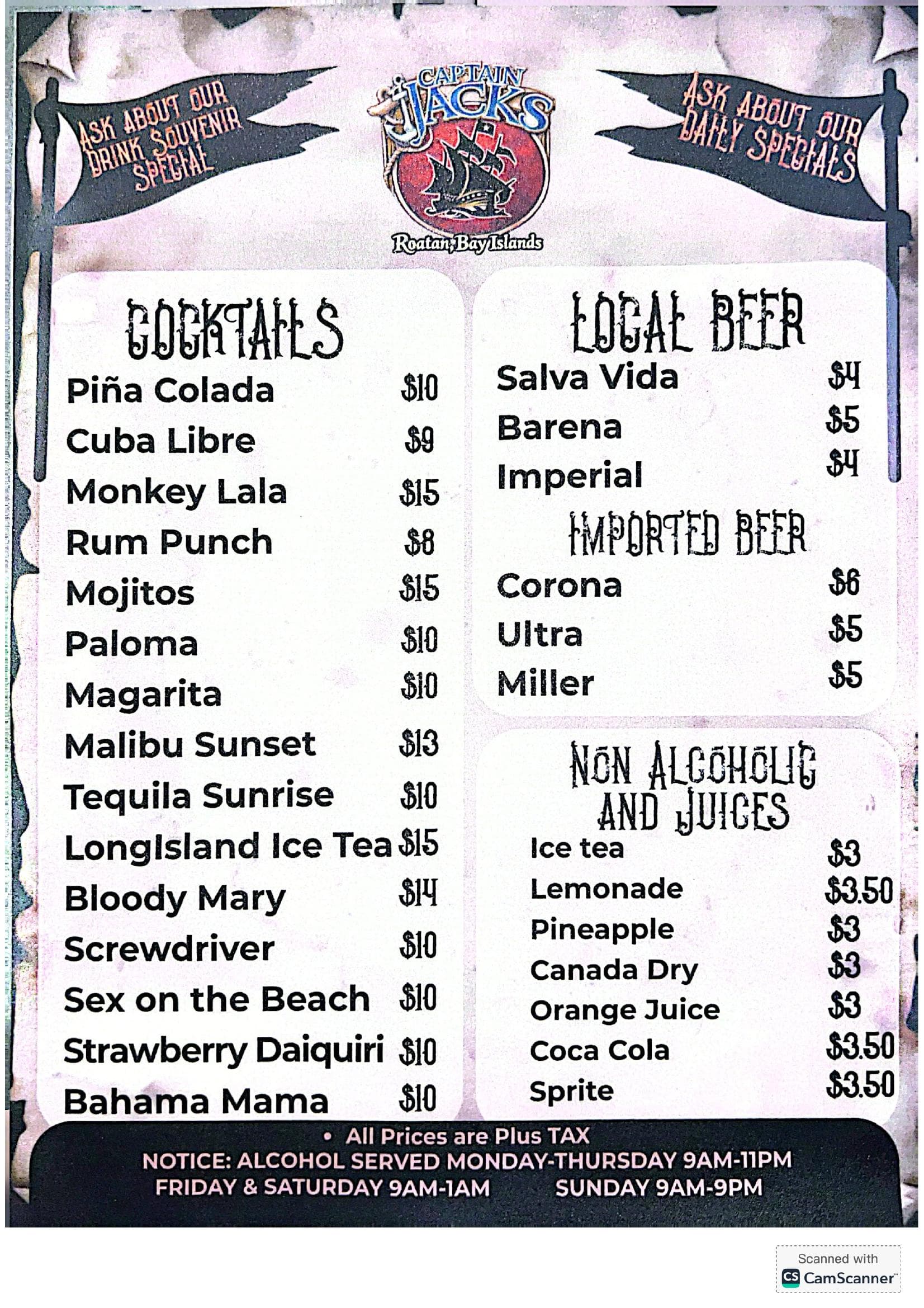 Captain Jack's Drink Menu — Cocktails, Local & Imported Beer, Non-Alcoholic & Juices