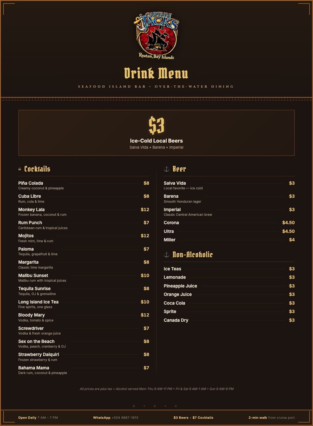 Captain Jack's Drink Menu — Cocktails, Beer, Non-Alcoholic beverages