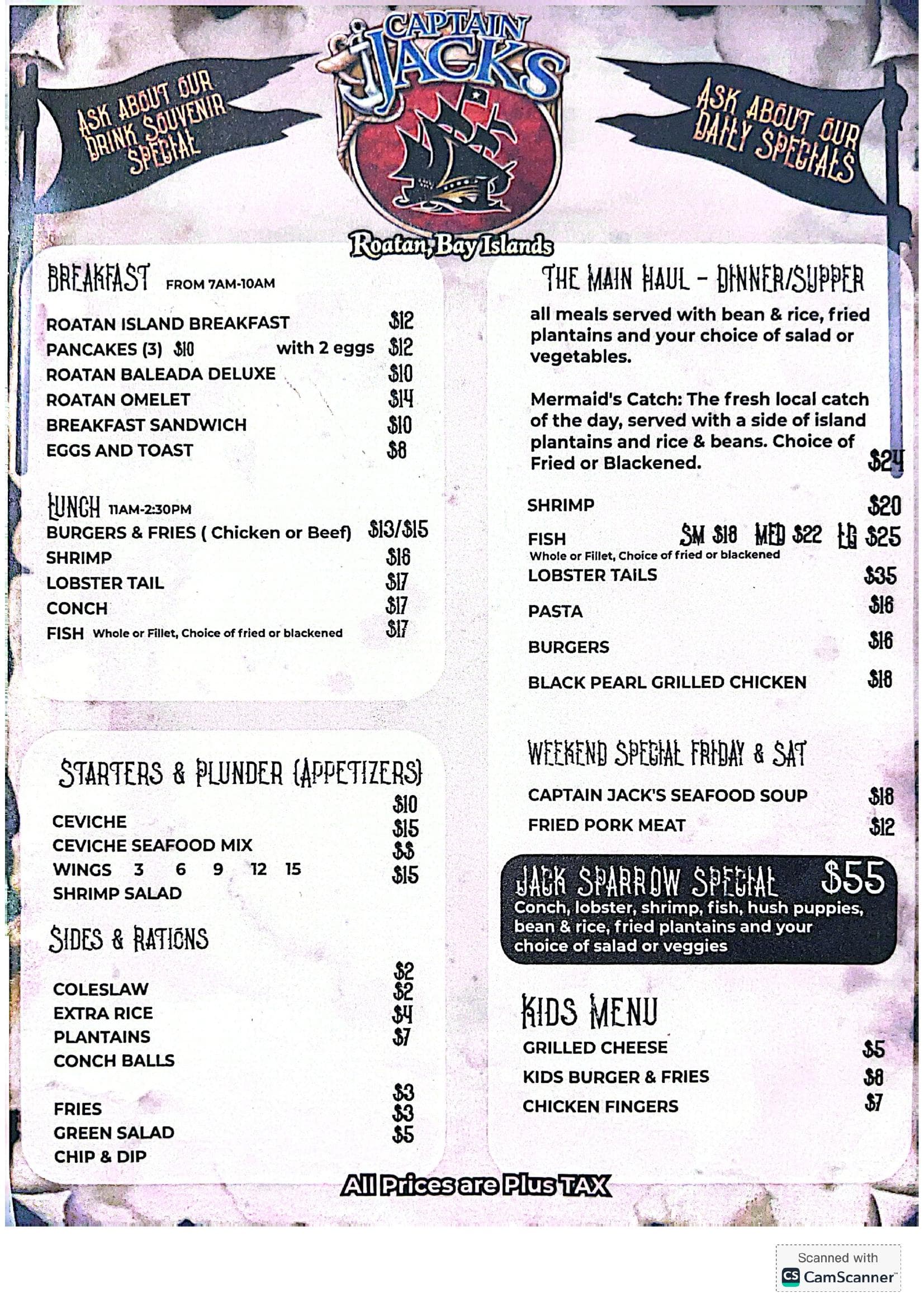 Captain Jack's Food Menu — Breakfast, Starters, Lunch, The Main Haul, Jack Sparrow Special, Weekend Specials, Sides, Kids Menu