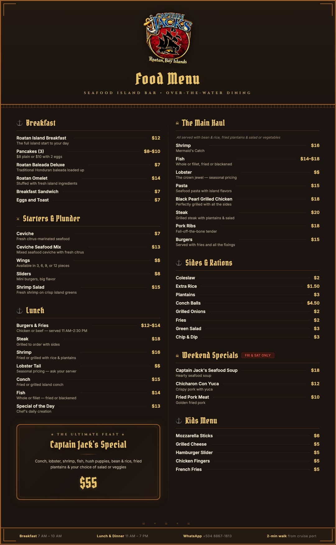 Captain Jack's Food Menu — Breakfast, Starters, Lunch, The Main Haul, Captain Jack's Special, Weekend Specials, Sides, Kids Menu