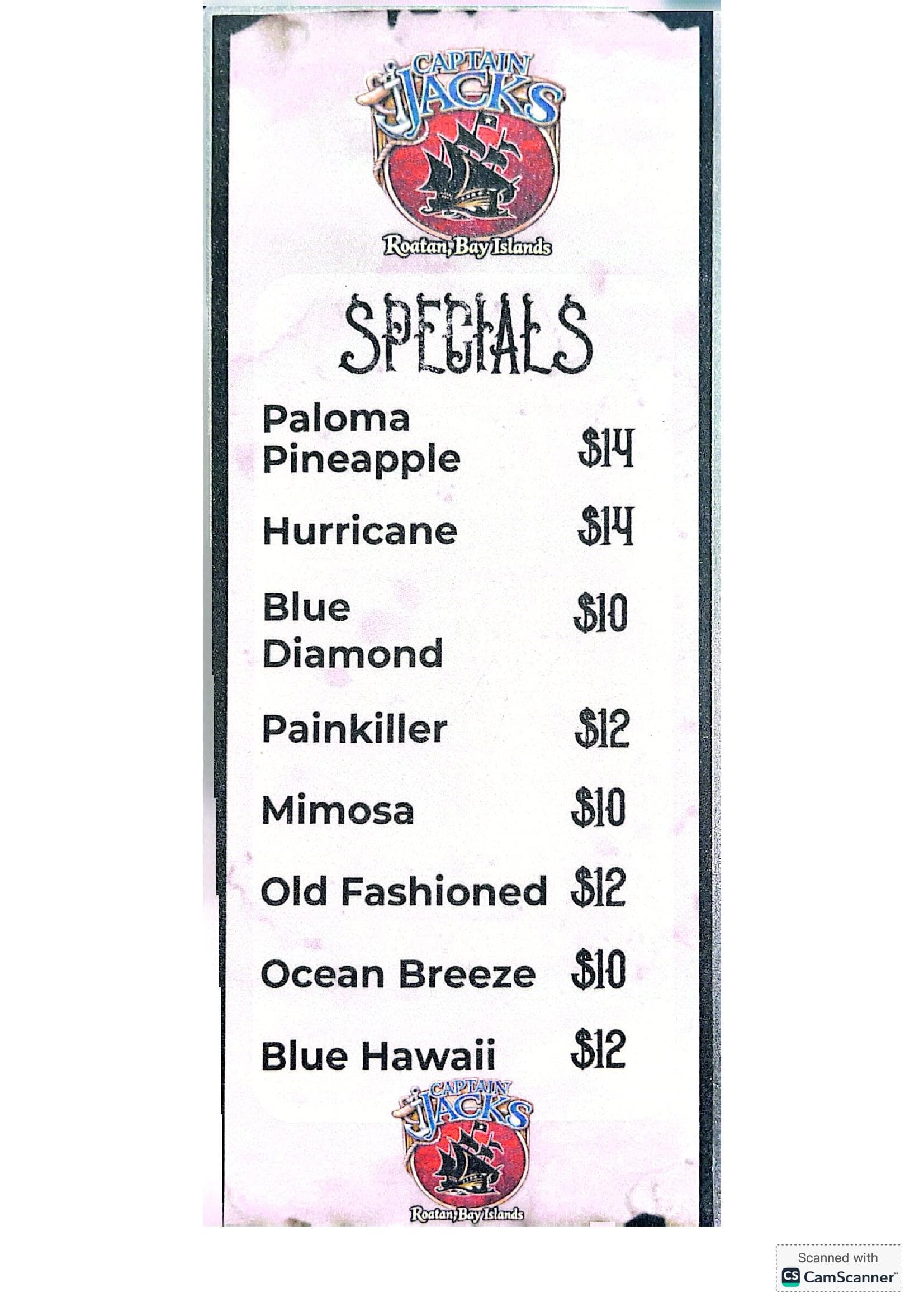 Captain Jack's Specials Menu — Paloma Pineapple, Hurricane, Blue Diamond, Painkiller, Mimosa, Old Fashioned, Ocean Breeze, Blue Hawaii