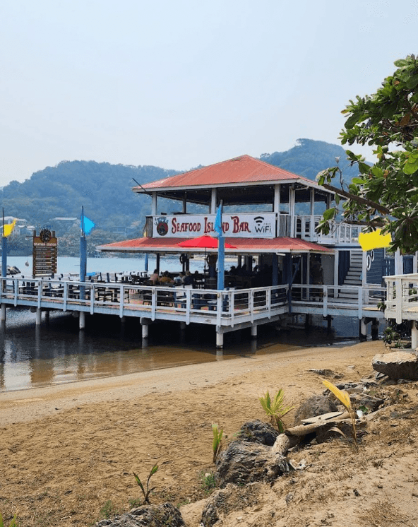 Captain Jack's Seafood Island Bar built on stilts over the Caribbean Sea